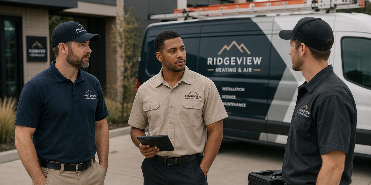 Service technicians in branded work apparel near a wrapped service van