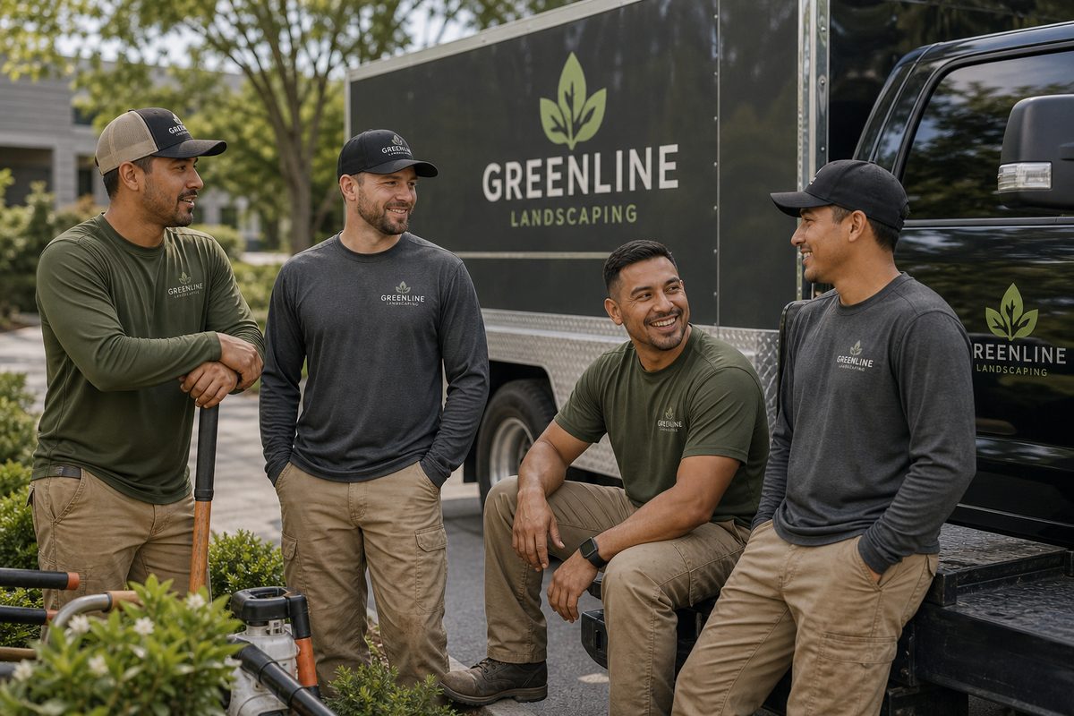 Landscaping crew wearing coordinated performance shirts and caps near a branded service truck