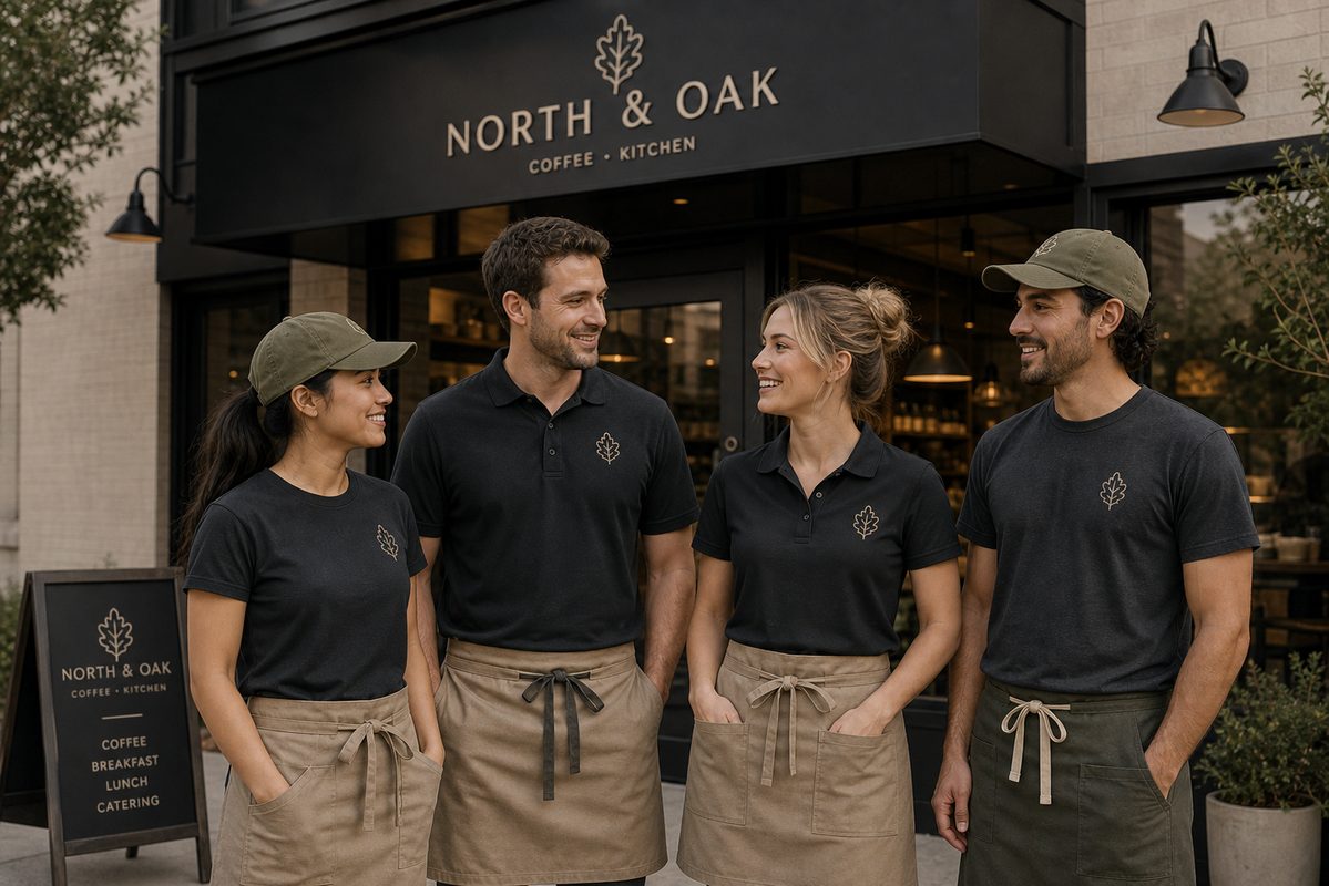 Restaurant staff wearing coordinated branded apparel outside a storefront with signage